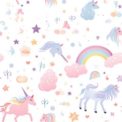 Seamless pattern of cute pastel pattern with unicorns, rainbows, and stars white background