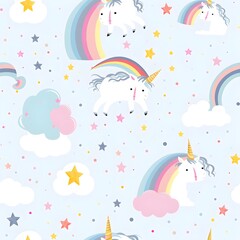 Fototapeta na wymiar Seamless pattern of cute pastel pattern with unicorns, rainbows, and stars white background