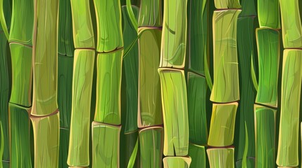 Fototapeta premium The texture of bamboo wall is a seamless pattern with green tree sticks. This is a cartoon background of colored japanese or Chinese cane walls. The wallpaper is decorated with tropical plants stems.