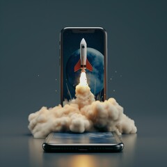Space rocket takes off from mobile device with allot of smoke and fire, creative idea. Application and optimization concept.