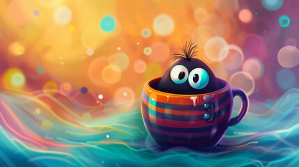 Funny cartoon style coffee bean, spooky character with big eye on colorfull background. sitting in a coffe mug.