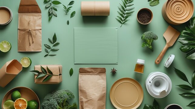 A variety of eco-friendly food containers and utensils are arranged on a green background.