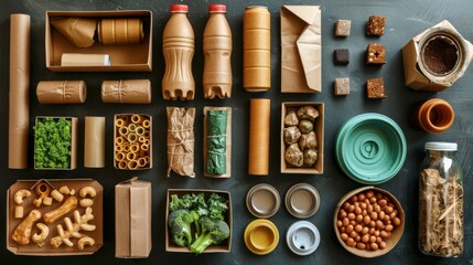 Various food items and containers made from eco-friendly materials - obrazy, fototapety, plakaty