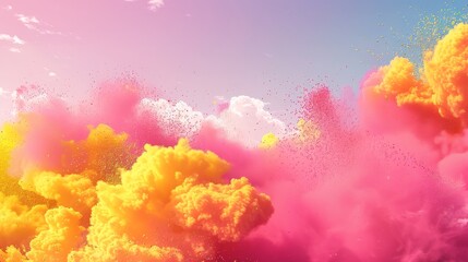 Fototapeta na wymiar This is a Holi banner template that has a background with paints explosions, all with pink, yellow, and orange powder clouds. The border is a horizontal border in color splashes, with colorful