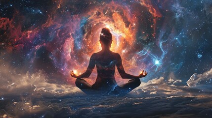 The picture of the young or adult female human doing the yoga pose for relaxation or meditating the mind in the middle of the fantasy surreal space with bright light from the source of light. AIGX03.