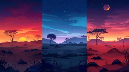 Fototapeten Modern illustration of Africa's savannah landscape at night, morning, day and evening time. Africa's wild nature cartoon backgrounds with trees, rocks and plain grassland fields. © Mark