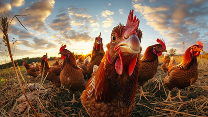 A cluster of chickens standing next to each other in a field - Powered by Adobe