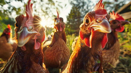 Several chickens of various colors and sizes standing closely next to each other in a row