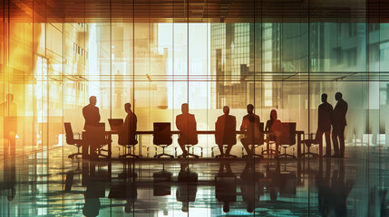 A diverse group of professionals engaging in a management meeting, silhouetted against a bright window