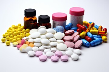 Various pills scattered on a white surface. Generative AI