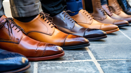 A row of mens business shoes neatly lined up on a tiled floor, creating a symmetrical and stylish visual display