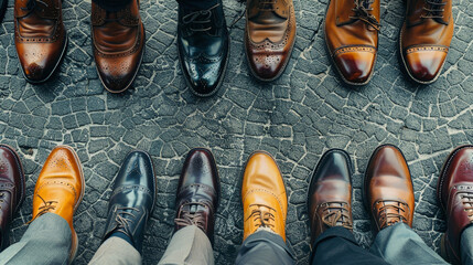 A diverse group of people in business attire standing closely together, creating a sense of unity and teamwork