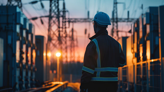 Electrician inspecting high-voltage transformers in a substation