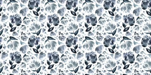 Watercolor floral in greyish indigo. Seamless pattern.  - 789876205