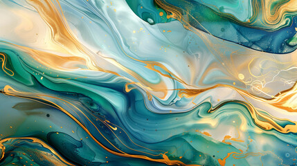 An abstract fluid art painting featuring tranquil waves and golden swirls, blending together in a luxurious, dreamy scene. Ideal for modern posters with a mix of blue, green, and gold.