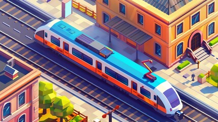 Isometric poster of an empty modern station with a locomotive and carriage standing on an empty rail track. Modern banner of train transport infrastructure with an empty modern station, empty - obrazy, fototapety, plakaty