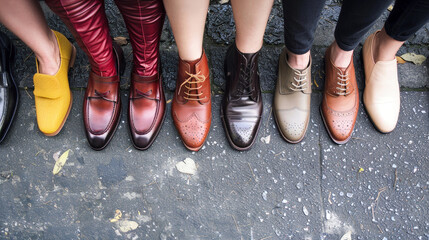 A row of various mens business shoes, neatly lined up and ready for action