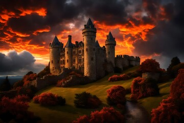 Fototapeta premium a majestic castle against a backdrop of fiery clouds, capturing the drama of a stormy evening.