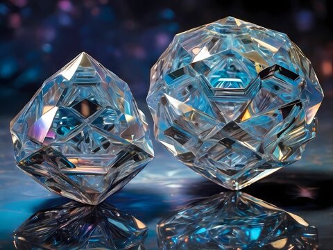 Arrange holographic triakis icosahedrons in a clustered formation, their intricate surfaces catching and reflecting light in fascinating ways.
