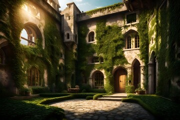 a picturesque castle view, featuring ivy-clad walls and a charming courtyard bathed in sunlight.