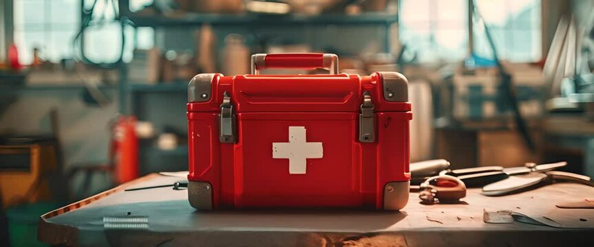 First aid kit on a table, with the workshop scene blurred behind