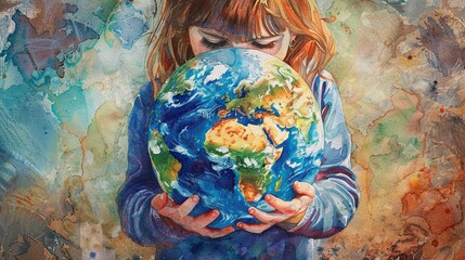 A child holding the Earth, a patchwork of colors in her hands, showing a world to save, in a style of watercolor