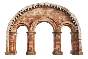 ancient roman aqueduct, brick wall, a grand entryway, isolated on a transparent background.