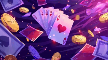 The casino banner features a poker card illustration and money illustrations. It promotes online gambling, jackpot, bet win with cartoon aces, coins, gold and silver coins, and wads of cash.