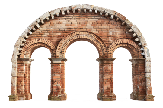 ancient roman aqueduct, brick wall, a grand entryway, isolated on a transparent background.