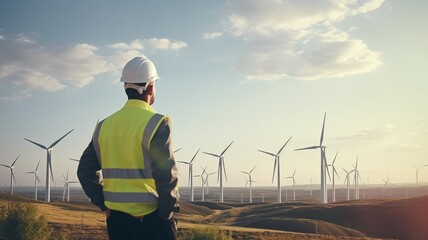 An engineer looking out at a wind farm. - obrazy, fototapety, plakaty