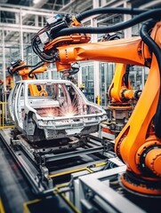 Car factory with robotic welding arms