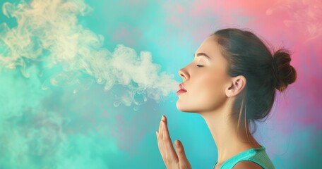 Side view of young woman blowing smoke from mouth or nose, smoking concept on pastel multicolor background.