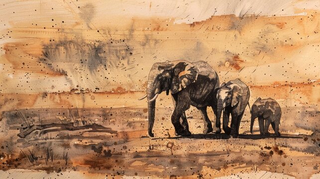 A family of elephants seeking water in a parched savannah, earthy tones under a relentless sun, in a style of watercolor