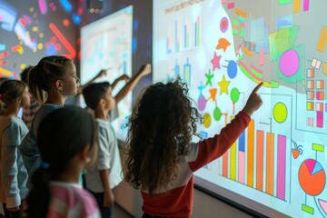 Group of diverse children using interactive whiteboard in classroom - obrazy, fototapety, plakaty