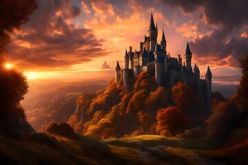 a majestic castle scene, featuring towering spires against a dramatic sky at sunset. - Powered by Adobe