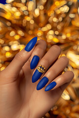 Luxurious close-up of manicured nails on royal blue backdrop