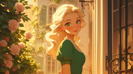 Illustration of a cartoon character a charming French girl