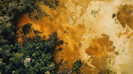 A satellite shot of deforestation, the Amazons lungs turning to scars, a view from above in alarming detail, in a style of watercolor