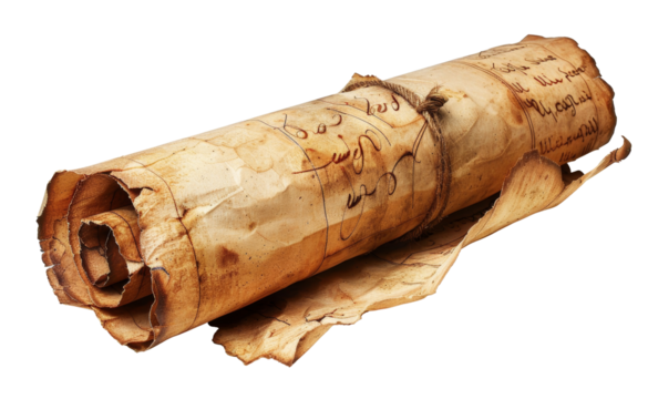 Old rolled paper scroll tied with string isolated on transparent background