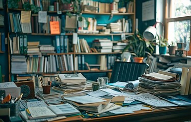 An untidy desk with papers, office supplies, and notes scattered around