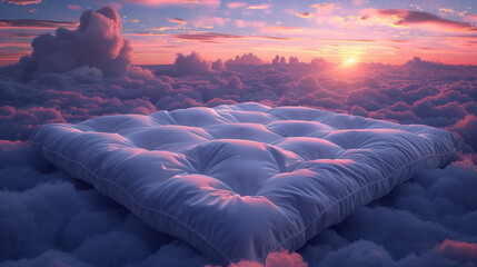 Dreamy comfort above the clouds: a large plush duvet against a surreal sunset sky.