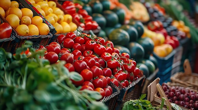 A close up of a variety of fresh fruits and vegetables at a market