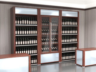 Wooden lighted wine cabinets and showcases with wine bottles with blank labels. 3d illustration