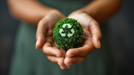 A photo of a person holding a ball of moss with a recycling symbol on it.