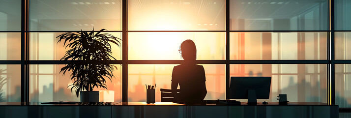 Silhouette of young intelligent man managing director resting after late business meeting while standing near big office window background.
 - obrazy, fototapety, plakaty