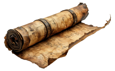 Aged paper scroll with mysterious ancient script isolated on transparent background