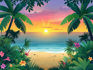 Fototapeta na wymiar Sunset view through tropical palms over a calm ocean with vibrant skies.