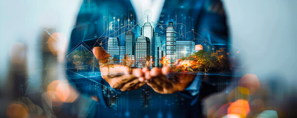 Businessman showing building model with property icons depicting real estate investment, engineering, construction projects