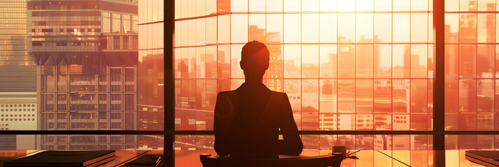 illustration Confident businessman watching city sunset through window.