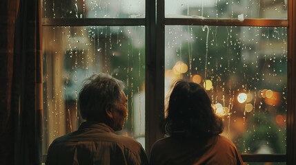 Gazing out the window together, watching the rain fall on a lonely afternoon, the old couple held each other close.